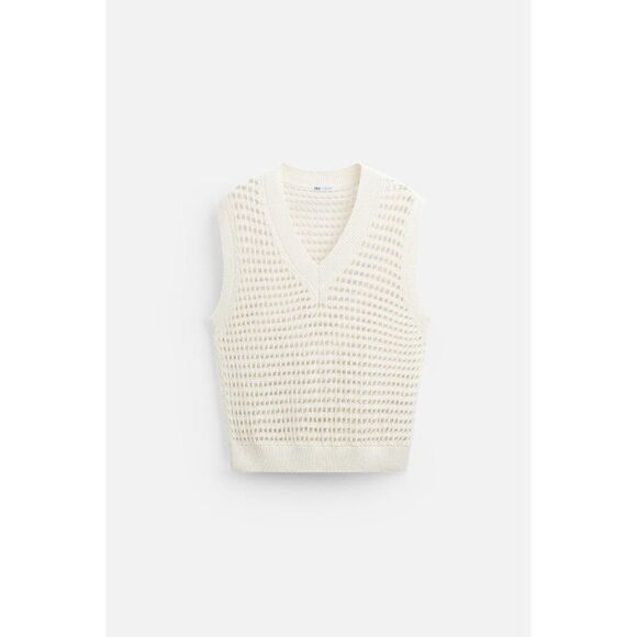 Zara Mens Cutwork Sweater Vest Size M Ivory Open Knit Crochet 1023/300 NWT - Picture 3 of 14